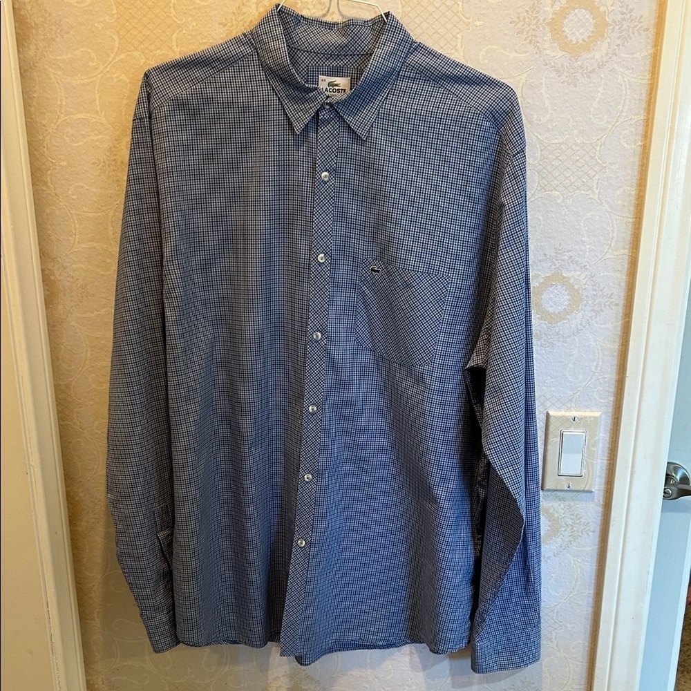 Lacoste Men's Blue Plaid Button Up Shirt Classic Fit Size 44